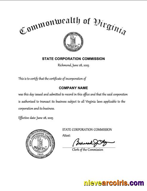 USA Virginia certificate of incorporation